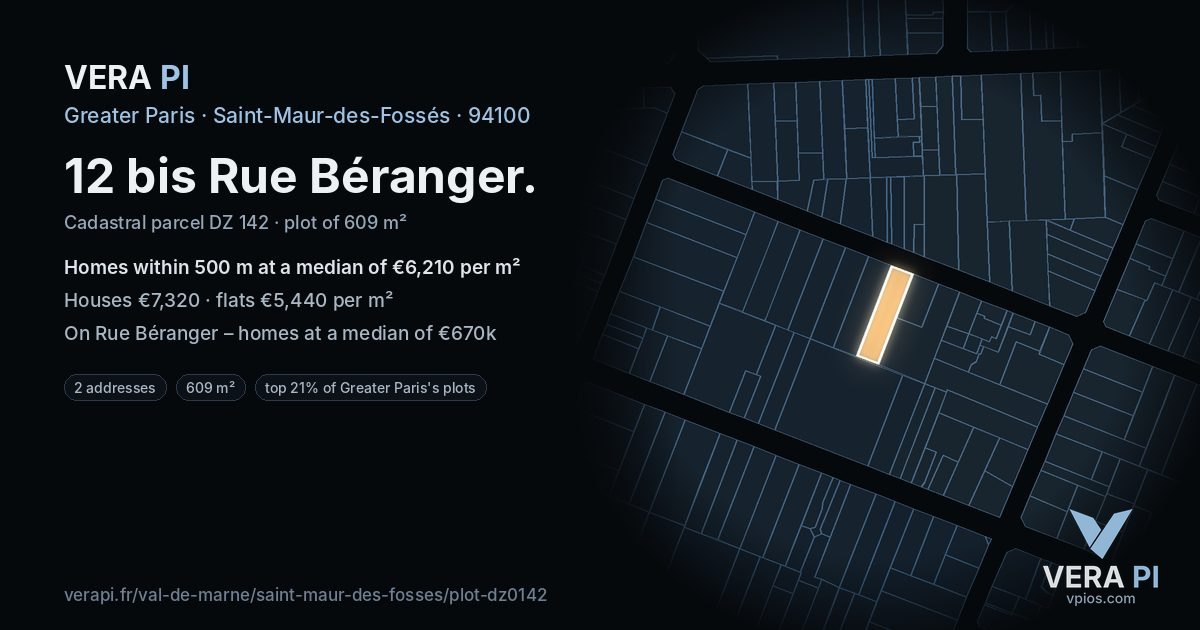 12 bis Rue Béranger, Saint-Maur-des-Fossés at night – the plot lit, the parcels around coloured by the prices near them