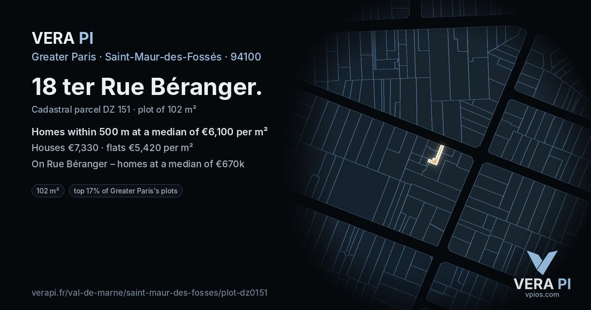 18 ter Rue Béranger, Saint-Maur-des-Fossés at night – the plot lit, the parcels around coloured by the prices near them