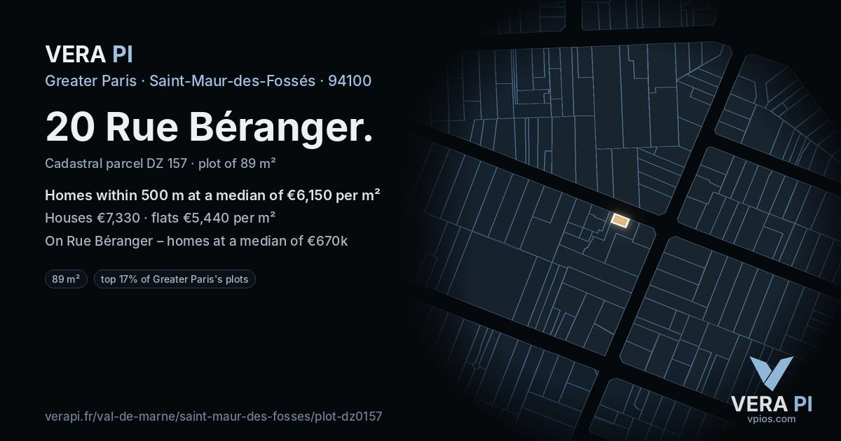 20 Rue Béranger, Saint-Maur-des-Fossés at night – the plot lit, the parcels around coloured by the prices near them