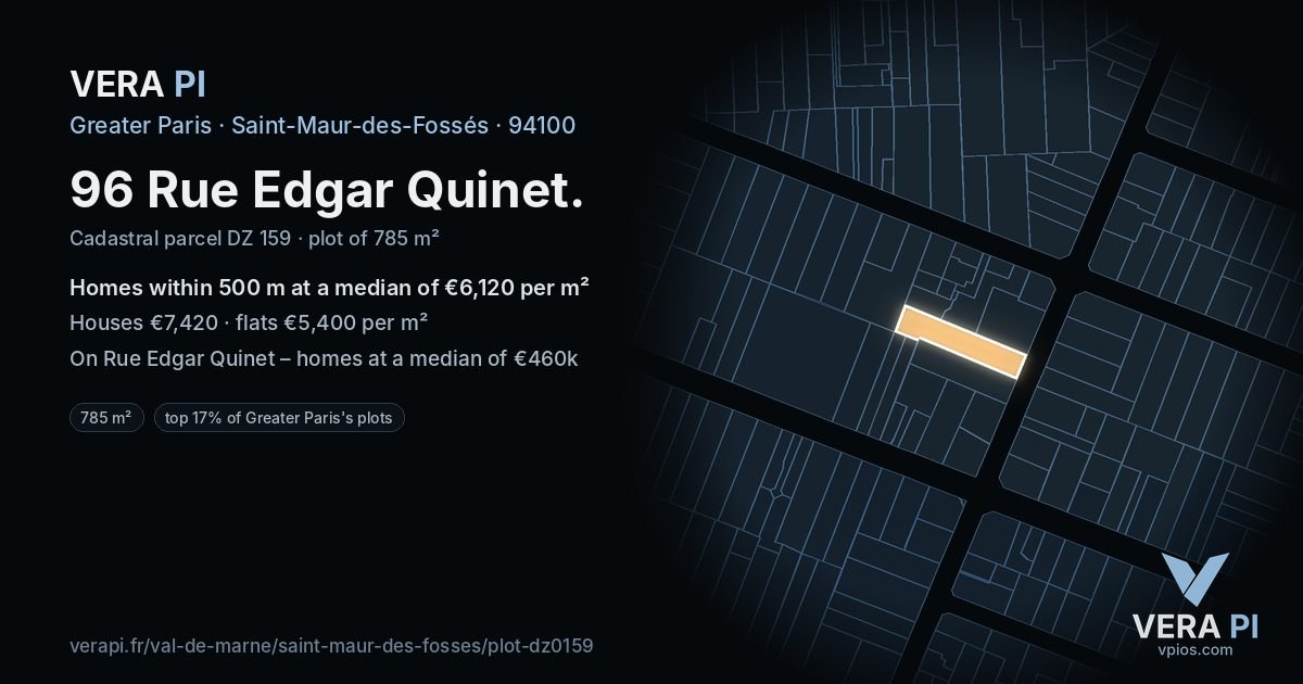 96 Rue Edgar Quinet, Saint-Maur-des-Fossés at night – the plot lit, the parcels around coloured by the prices near them