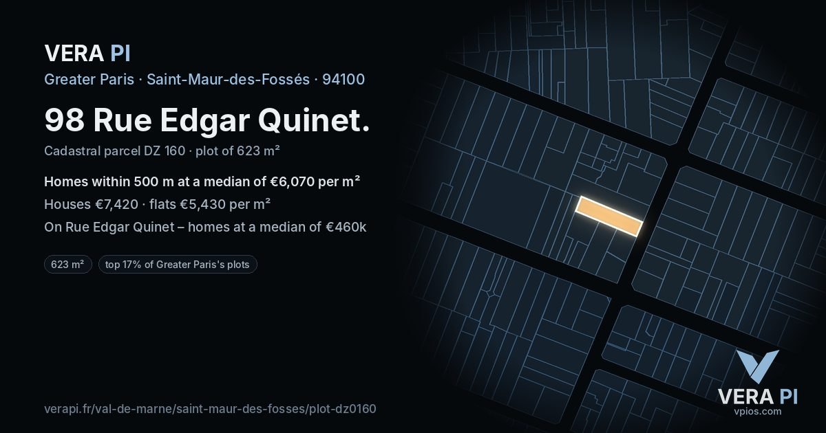 98 Rue Edgar Quinet, Saint-Maur-des-Fossés at night – the plot lit, the parcels around coloured by the prices near them
