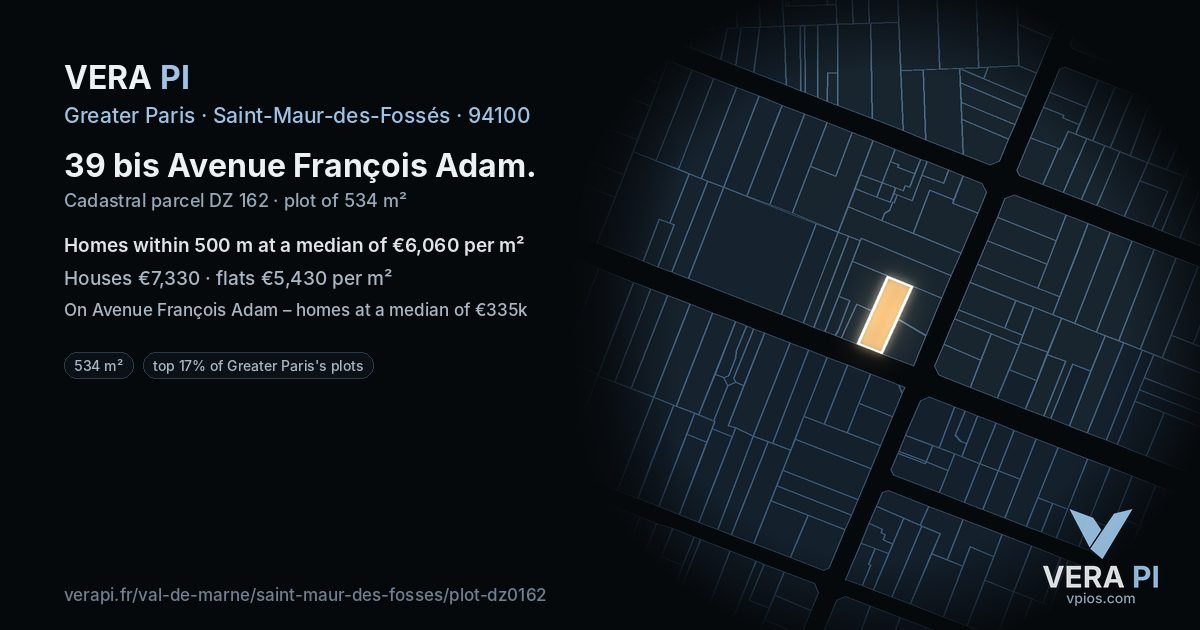 39 bis Avenue François Adam, Saint-Maur-des-Fossés at night – the plot lit, the parcels around coloured by the prices near them