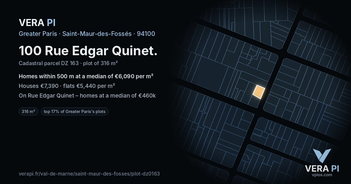 100 Rue Edgar Quinet, Saint-Maur-des-Fossés at night – the plot lit, the parcels around coloured by the prices near them