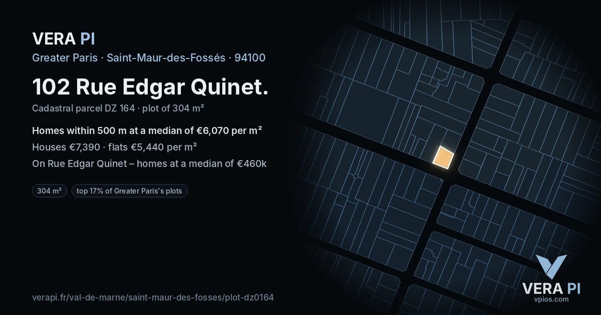 102 Rue Edgar Quinet, Saint-Maur-des-Fossés at night – the plot lit, the parcels around coloured by the prices near them