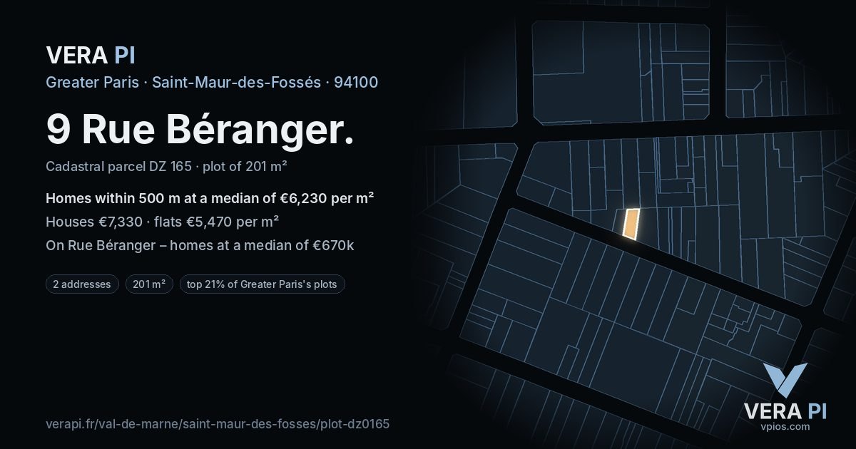 9 Rue Béranger, Saint-Maur-des-Fossés at night – the plot lit, the parcels around coloured by the prices near them