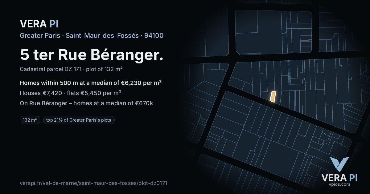 5 ter Rue Béranger, Saint-Maur-des-Fossés at night – the plot lit, the parcels around coloured by the prices near them