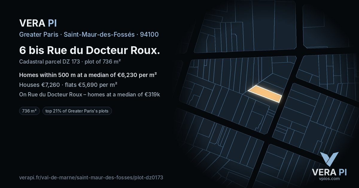 6 bis Rue du Docteur Roux, Saint-Maur-des-Fossés at night – the plot lit, the parcels around coloured by the prices near them