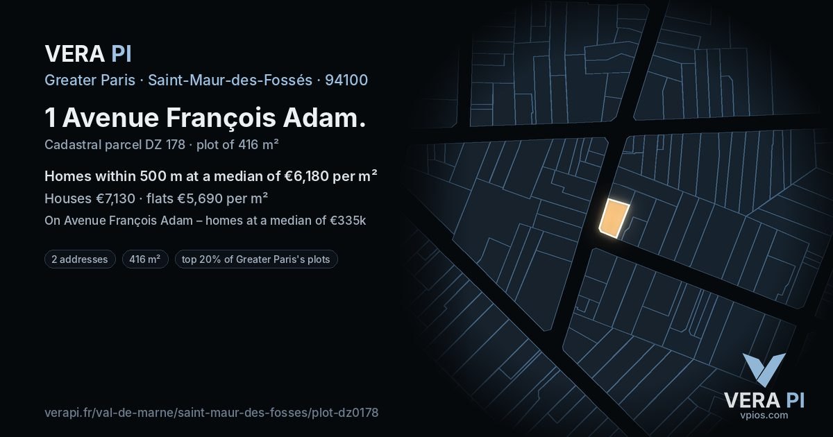 1 Avenue François Adam, Saint-Maur-des-Fossés at night – the plot lit, the parcels around coloured by the prices near them