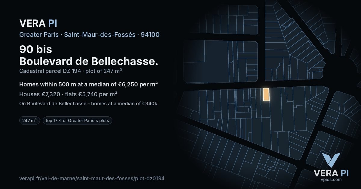 90 bis Boulevard de Bellechasse, Saint-Maur-des-Fossés at night – the plot lit, the parcels around coloured by the prices near them
