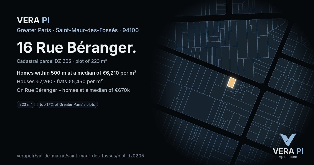 16 Rue Béranger, Saint-Maur-des-Fossés at night – the plot lit, the parcels around coloured by the prices near them