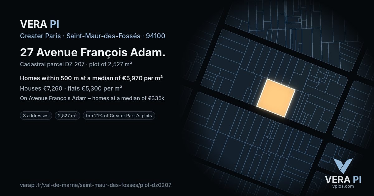 27 Avenue François Adam, Saint-Maur-des-Fossés at night – the plot lit, the parcels around coloured by the prices near them