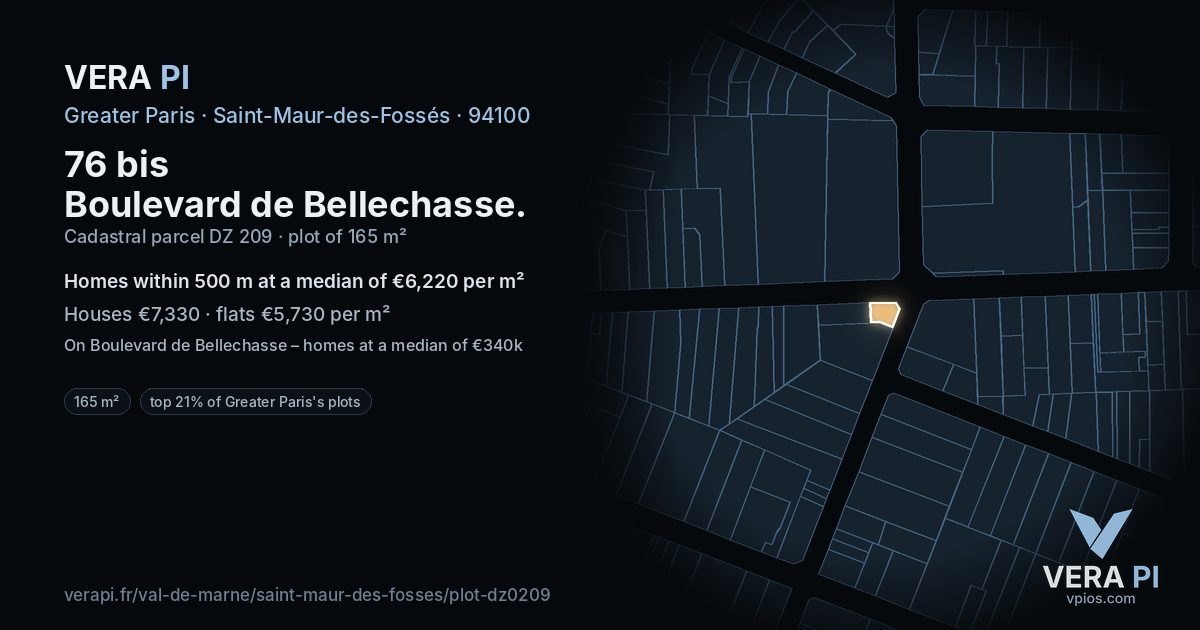 76 bis Boulevard de Bellechasse, Saint-Maur-des-Fossés at night – the plot lit, the parcels around coloured by the prices near them