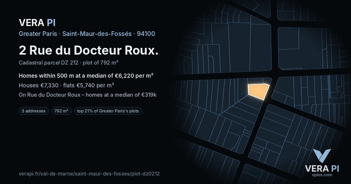 2 Rue du Docteur Roux, Saint-Maur-des-Fossés at night – the plot lit, the parcels around coloured by the prices near them
