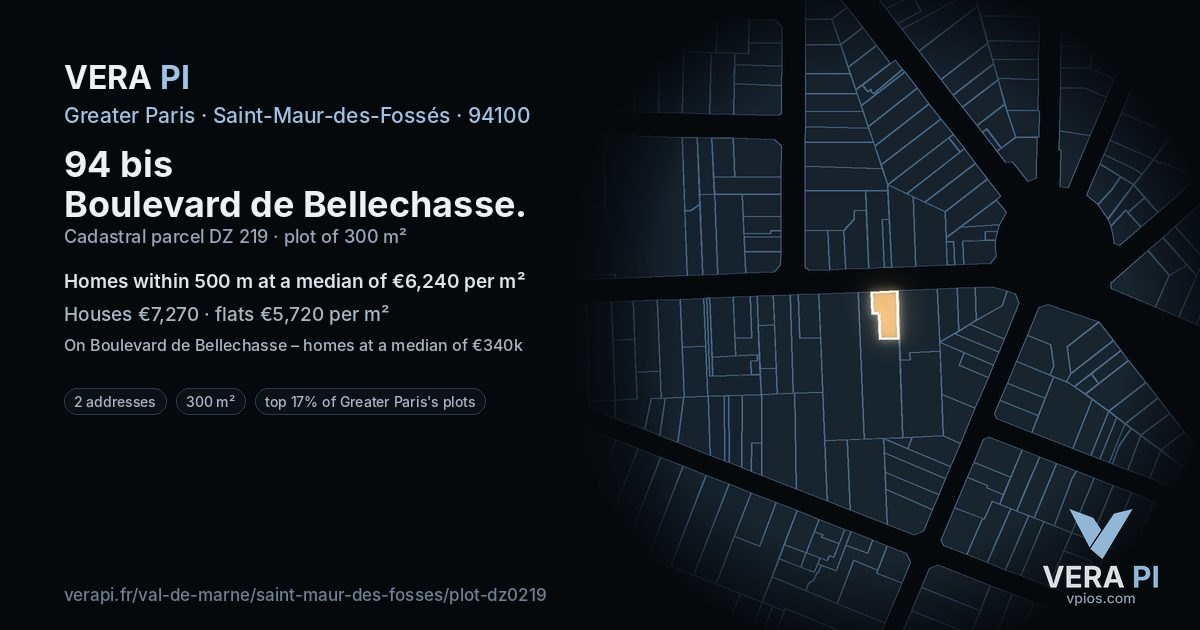 94 bis Boulevard de Bellechasse, Saint-Maur-des-Fossés at night – the plot lit, the parcels around coloured by the prices near them