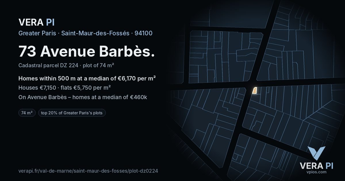 73 Avenue Barbès, Saint-Maur-des-Fossés at night – the plot lit, the parcels around coloured by the prices near them