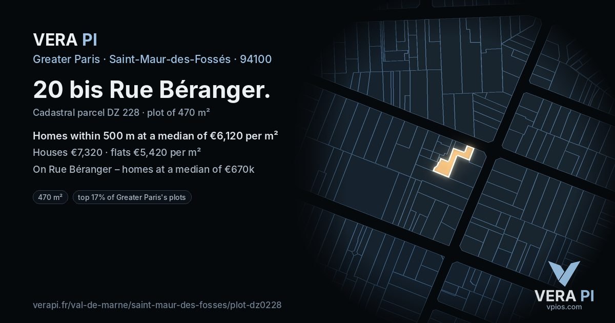 20 bis Rue Béranger, Saint-Maur-des-Fossés at night – the plot lit, the parcels around coloured by the prices near them