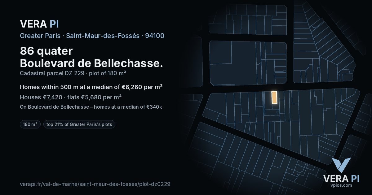 86 quater Boulevard de Bellechasse, Saint-Maur-des-Fossés at night – the plot lit, the parcels around coloured by the prices near them