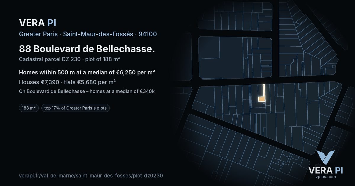 88 Boulevard de Bellechasse, Saint-Maur-des-Fossés at night – the plot lit, the parcels around coloured by the prices near them