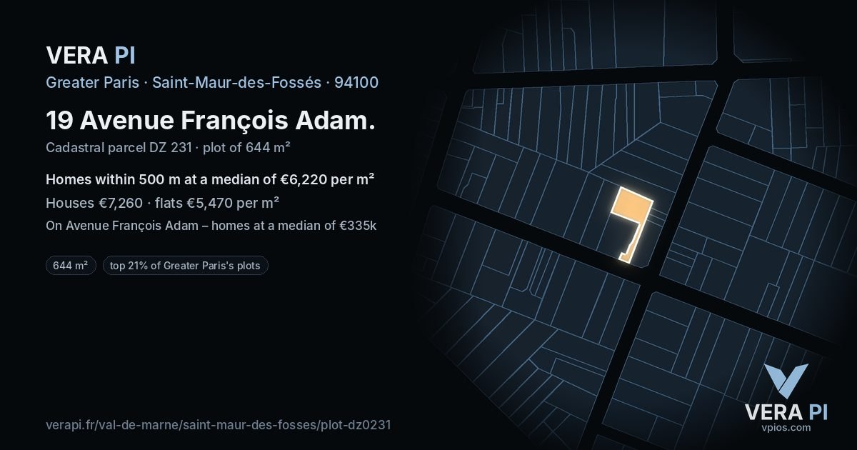 19 Avenue François Adam, Saint-Maur-des-Fossés at night – the plot lit, the parcels around coloured by the prices near them