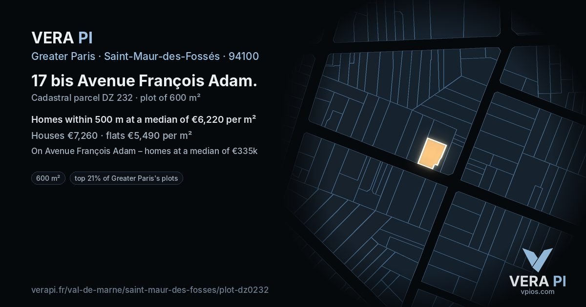 17 bis Avenue François Adam, Saint-Maur-des-Fossés at night – the plot lit, the parcels around coloured by the prices near them