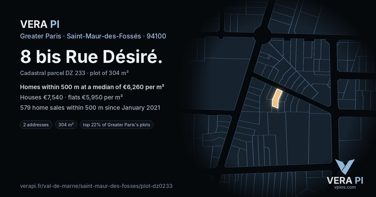 8 bis Rue Désiré, Saint-Maur-des-Fossés at night – the plot lit, the parcels around coloured by the prices near them