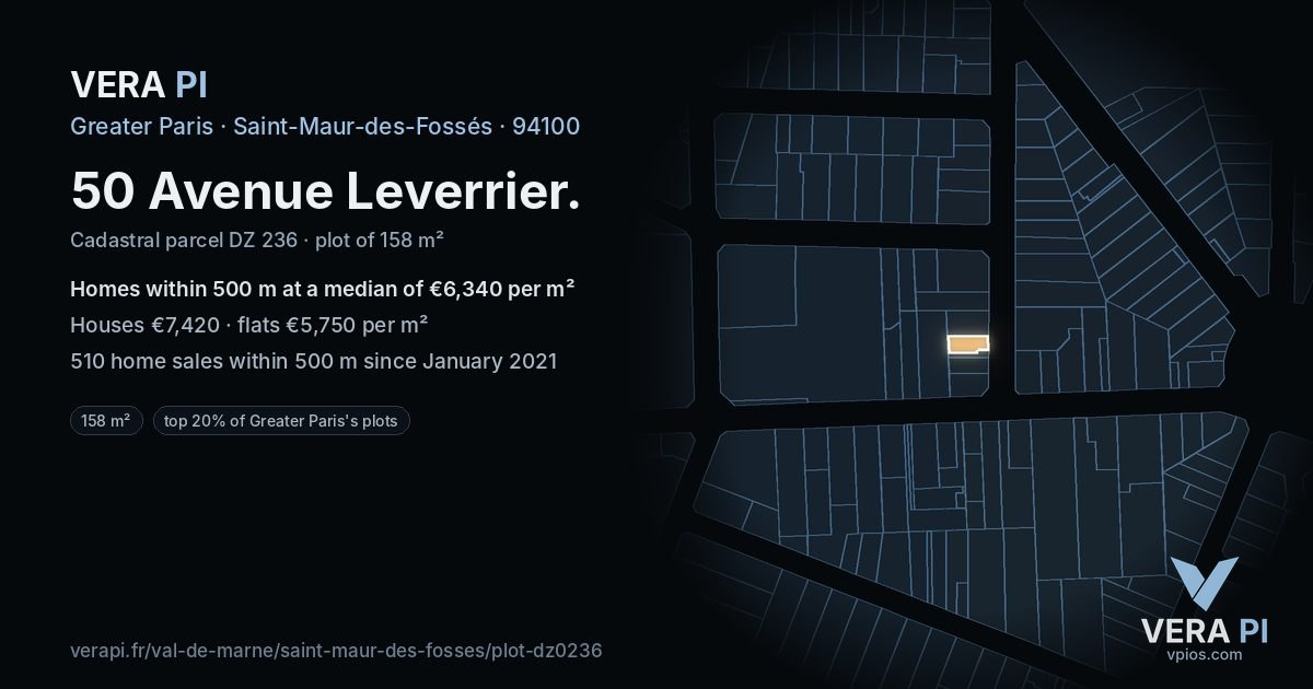 50 Avenue Leverrier, Saint-Maur-des-Fossés at night – the plot lit, the parcels around coloured by the prices near them