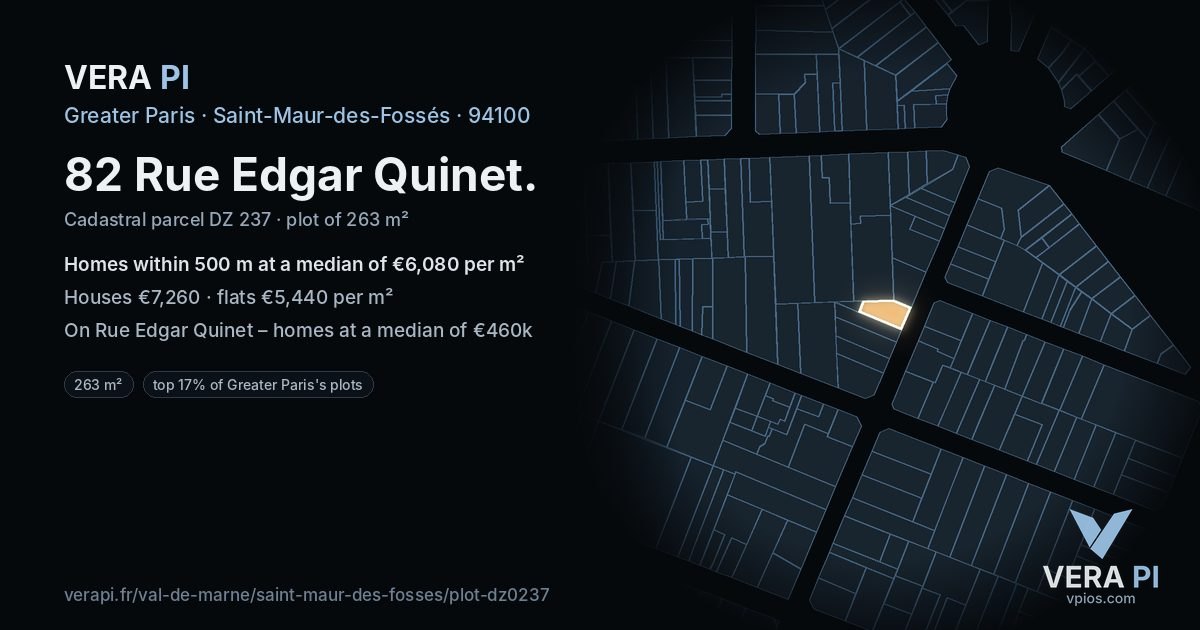 82 Rue Edgar Quinet, Saint-Maur-des-Fossés at night – the plot lit, the parcels around coloured by the prices near them
