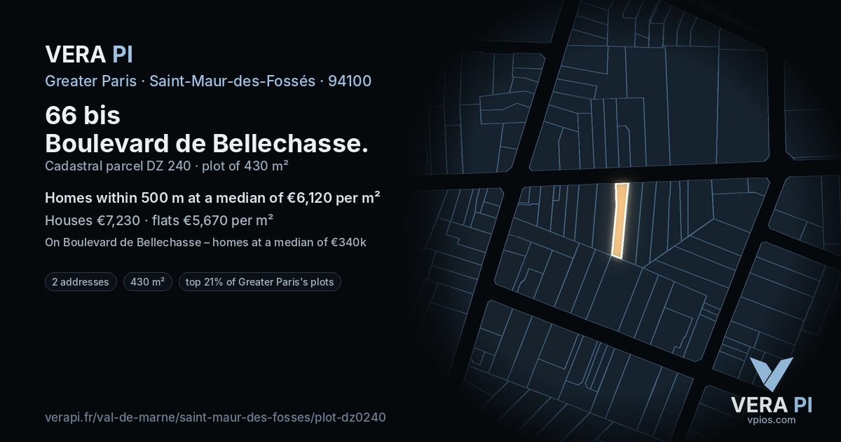 66 bis Boulevard de Bellechasse, Saint-Maur-des-Fossés at night – the plot lit, the parcels around coloured by the prices near them