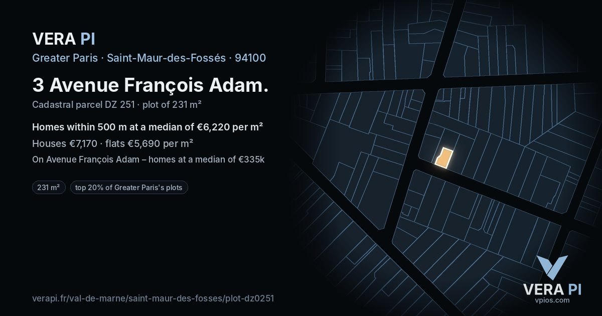 3 Avenue François Adam, Saint-Maur-des-Fossés at night – the plot lit, the parcels around coloured by the prices near them