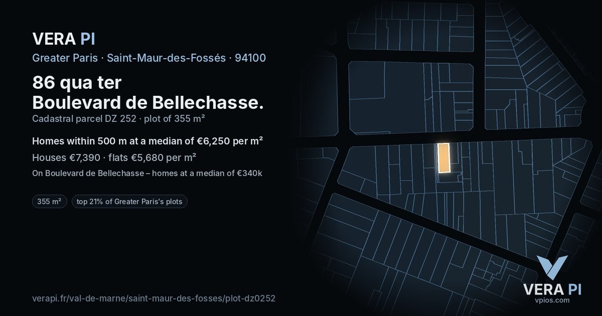 86 qua ter Boulevard de Bellechasse, Saint-Maur-des-Fossés at night – the plot lit, the parcels around coloured by the prices near them