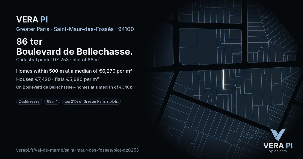 86 ter Boulevard de Bellechasse, Saint-Maur-des-Fossés at night – the plot lit, the parcels around coloured by the prices near them