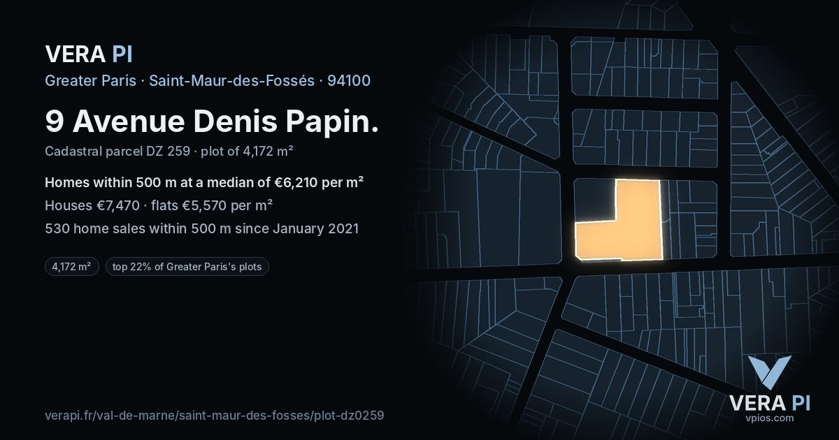 9 Avenue Denis Papin, Saint-Maur-des-Fossés at night – the plot lit, the parcels around coloured by the prices near them