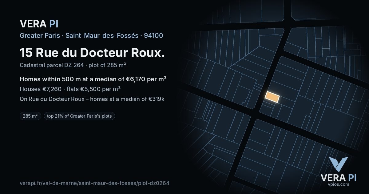 15 Rue du Docteur Roux, Saint-Maur-des-Fossés at night – the plot lit, the parcels around coloured by the prices near them