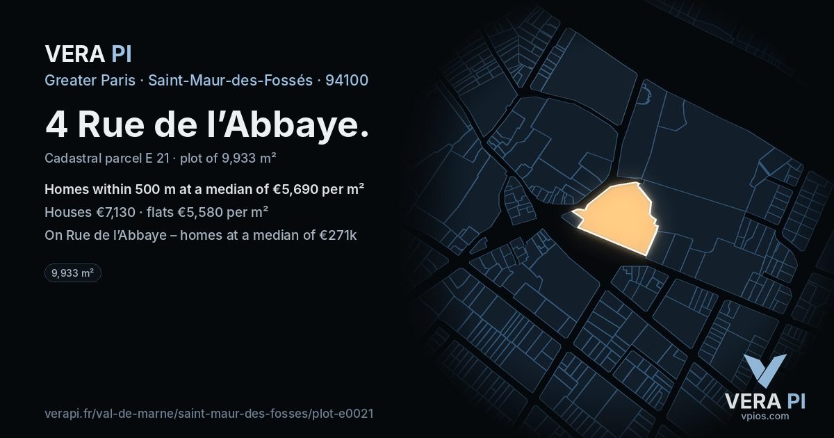 4 Rue de l’Abbaye, Saint-Maur-des-Fossés at night – the plot lit, the parcels around coloured by the prices near them