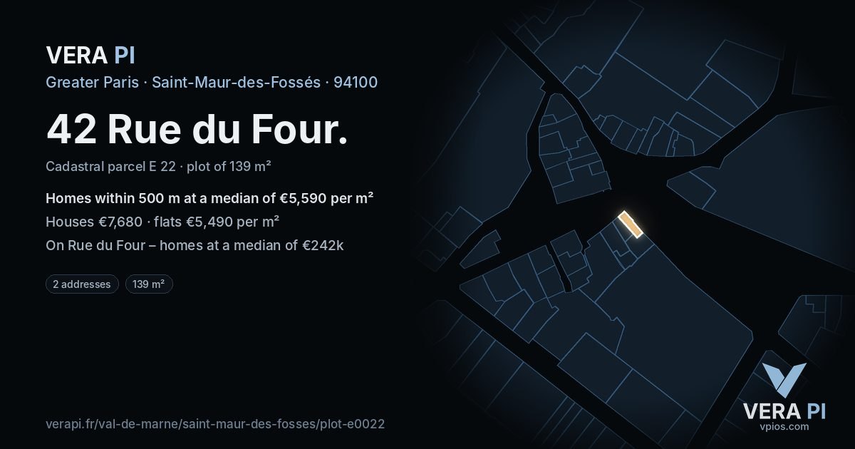 42 Rue du Four, Saint-Maur-des-Fossés at night – the plot lit, the parcels around coloured by the prices near them