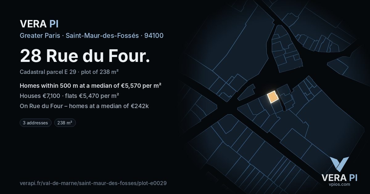 28 Rue du Four, Saint-Maur-des-Fossés at night – the plot lit, the parcels around coloured by the prices near them