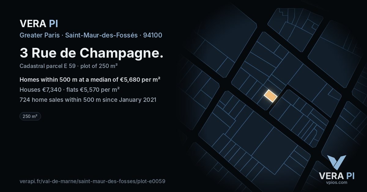 3 Rue de Champagne, Saint-Maur-des-Fossés at night – the plot lit, the parcels around coloured by the prices near them
