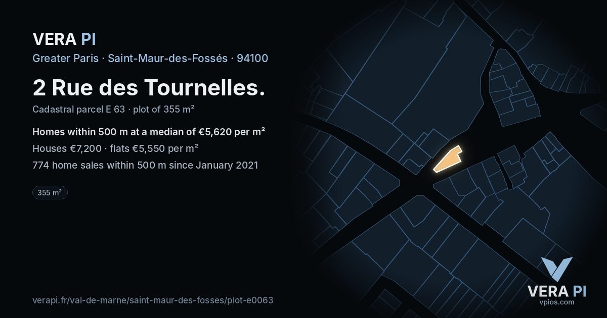 2 Rue des Tournelles, Saint-Maur-des-Fossés at night – the plot lit, the parcels around coloured by the prices near them