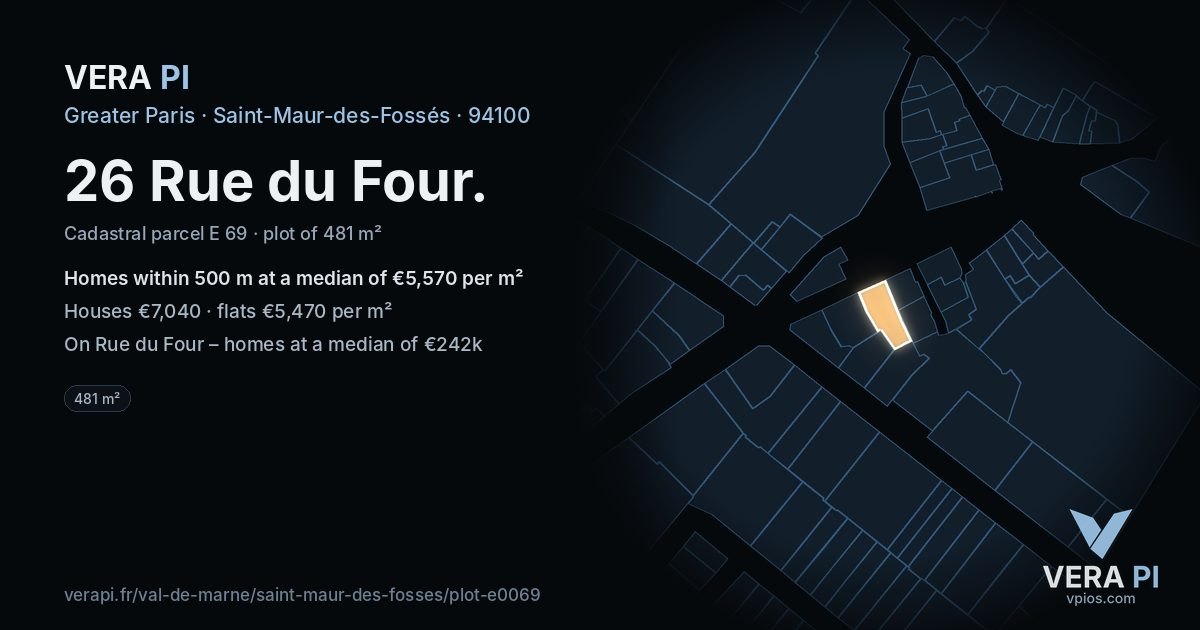 26 Rue du Four, Saint-Maur-des-Fossés at night – the plot lit, the parcels around coloured by the prices near them