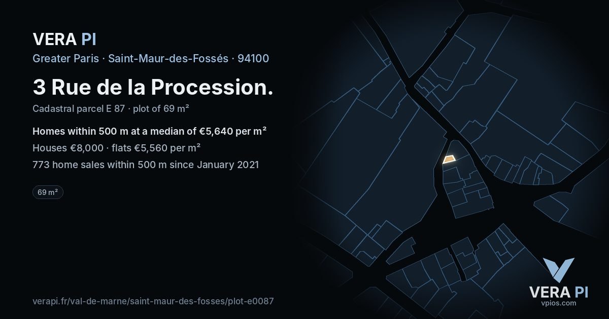 3 Rue de la Procession, Saint-Maur-des-Fossés at night – the plot lit, the parcels around coloured by the prices near them
