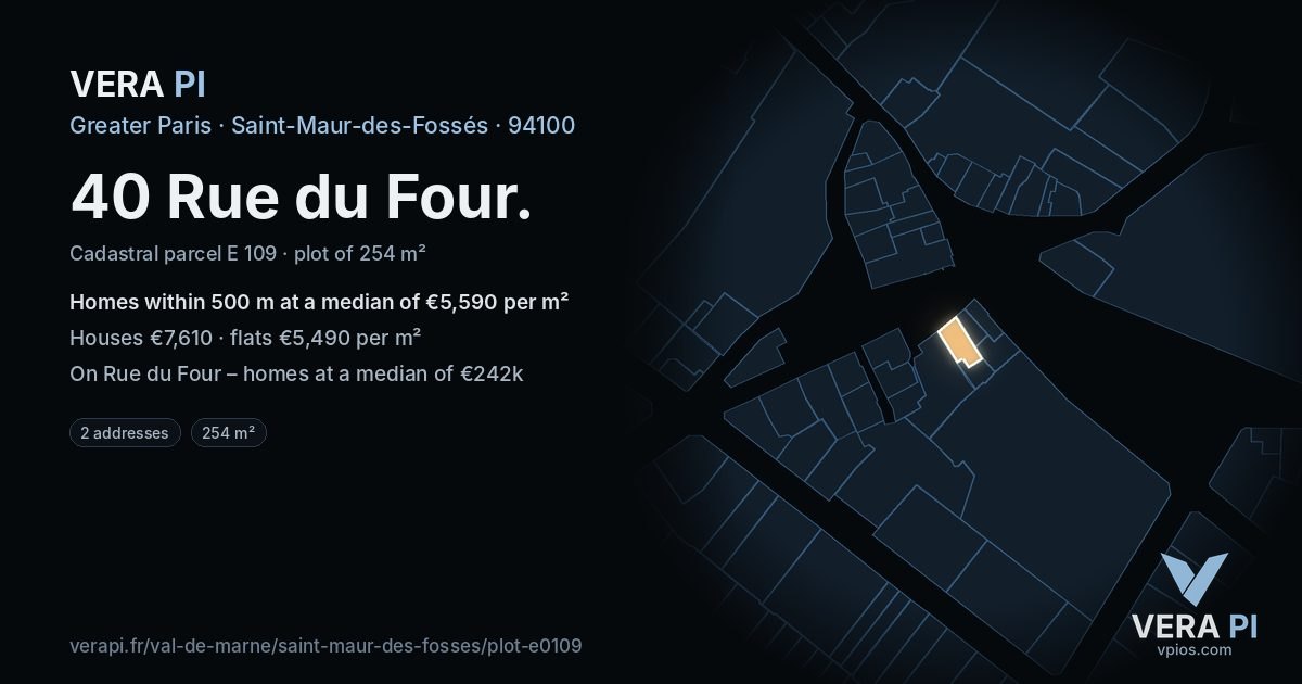 40 Rue du Four, Saint-Maur-des-Fossés at night – the plot lit, the parcels around coloured by the prices near them
