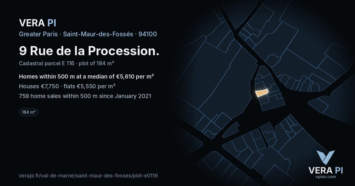 9 Rue de la Procession, Saint-Maur-des-Fossés at night – the plot lit, the parcels around coloured by the prices near them
