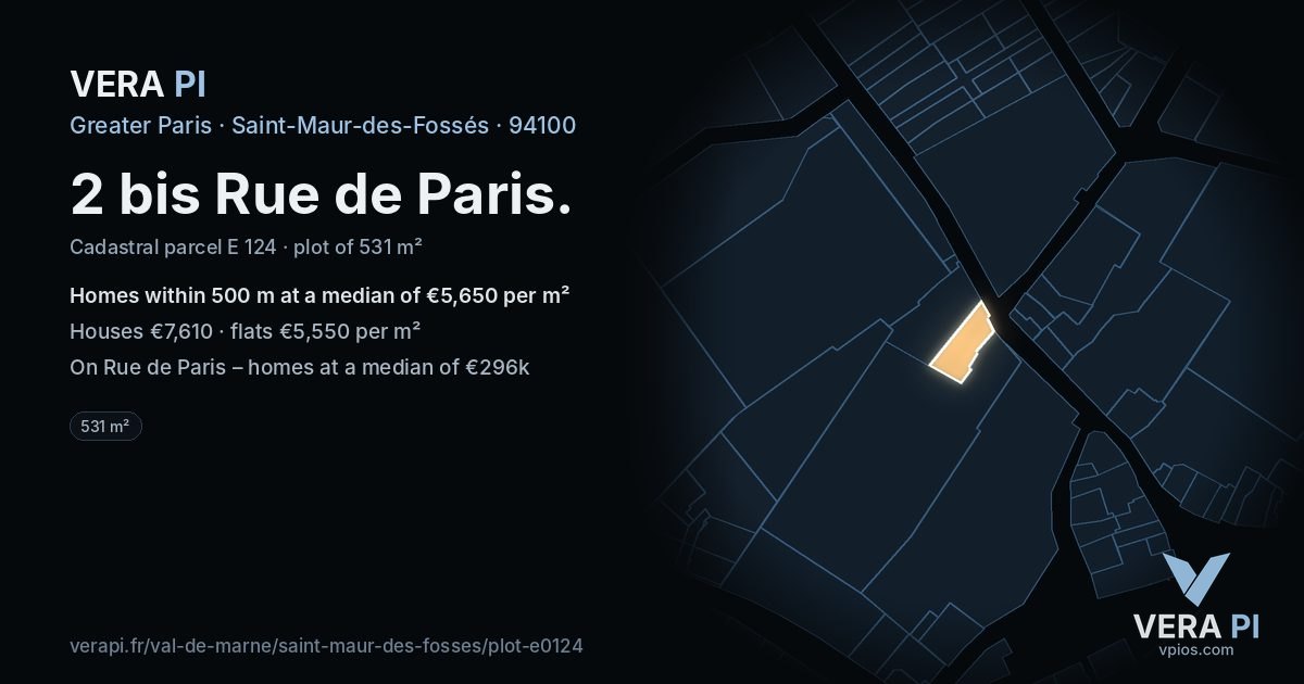 2 bis Rue de Paris, Saint-Maur-des-Fossés at night – the plot lit, the parcels around coloured by the prices near them