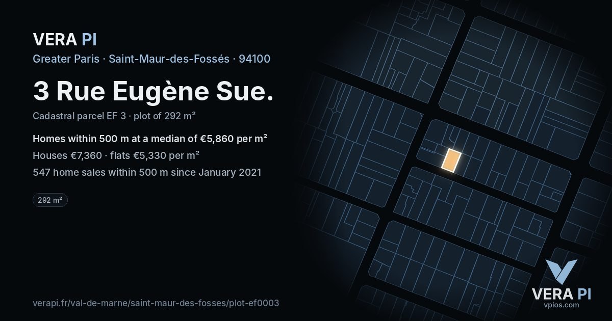 3 Rue Eugène Sue, Saint-Maur-des-Fossés at night – the plot lit, the parcels around coloured by the prices near them