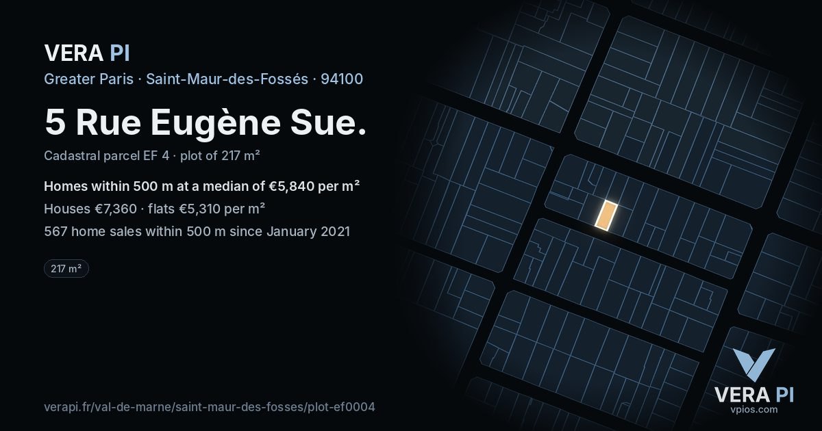 5 Rue Eugène Sue, Saint-Maur-des-Fossés at night – the plot lit, the parcels around coloured by the prices near them