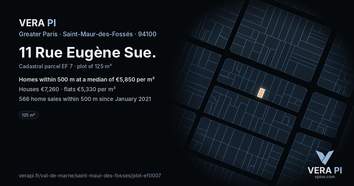 11 Rue Eugène Sue, Saint-Maur-des-Fossés at night – the plot lit, the parcels around coloured by the prices near them