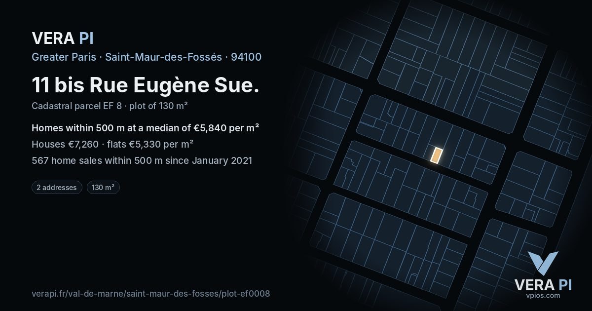 11 bis Rue Eugène Sue, Saint-Maur-des-Fossés at night – the plot lit, the parcels around coloured by the prices near them