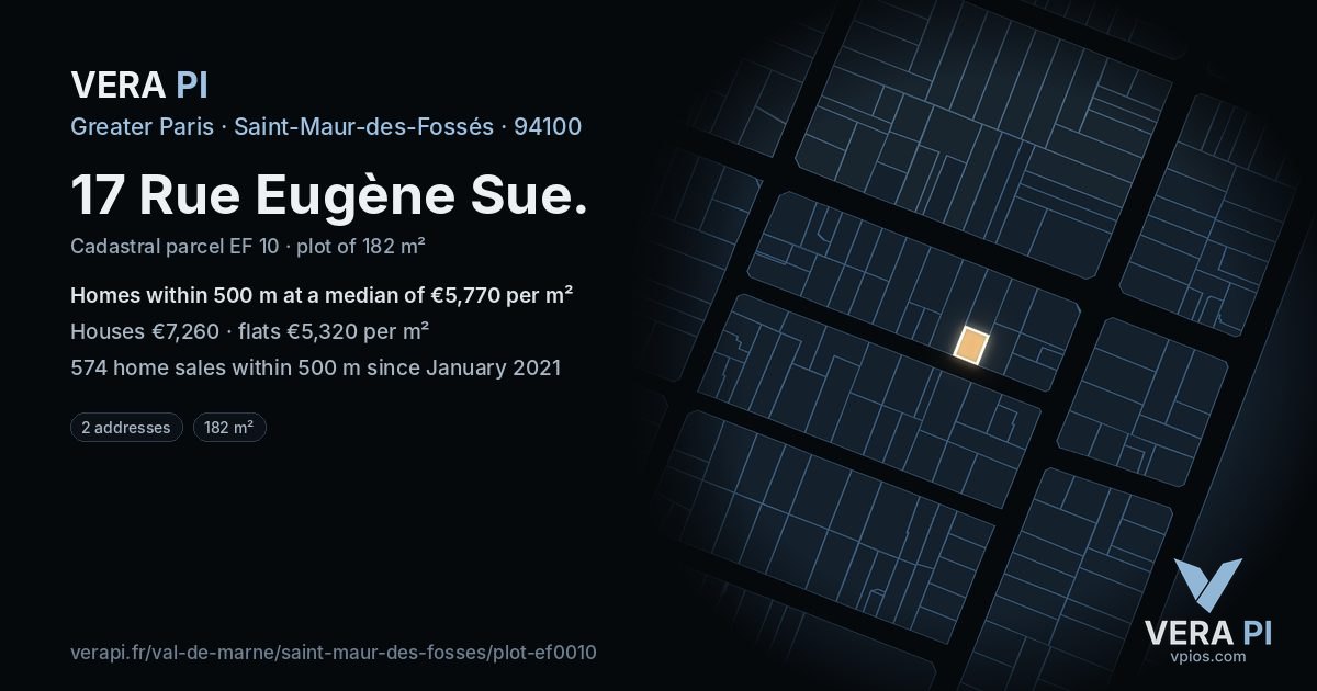 17 Rue Eugène Sue, Saint-Maur-des-Fossés at night – the plot lit, the parcels around coloured by the prices near them