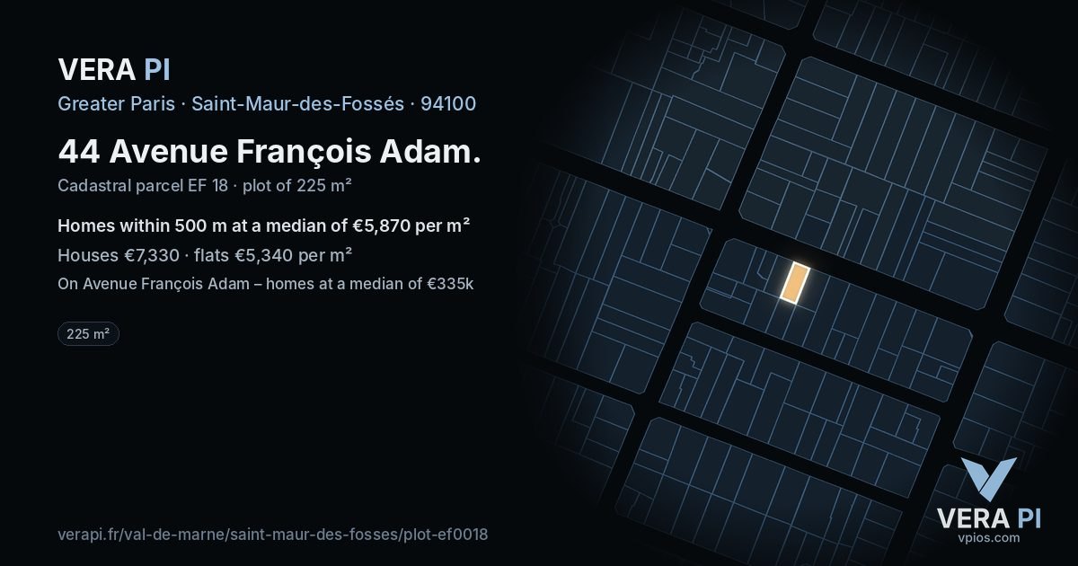 44 Avenue François Adam, Saint-Maur-des-Fossés at night – the plot lit, the parcels around coloured by the prices near them
