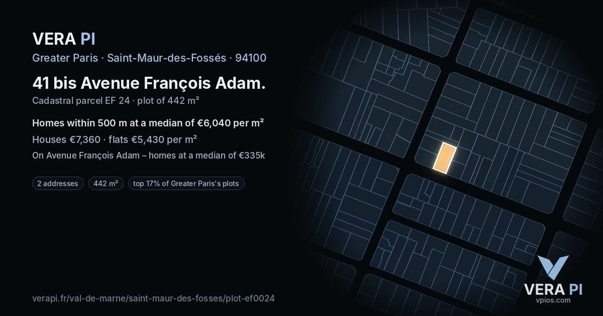 41 bis Avenue François Adam, Saint-Maur-des-Fossés at night – the plot lit, the parcels around coloured by the prices near them